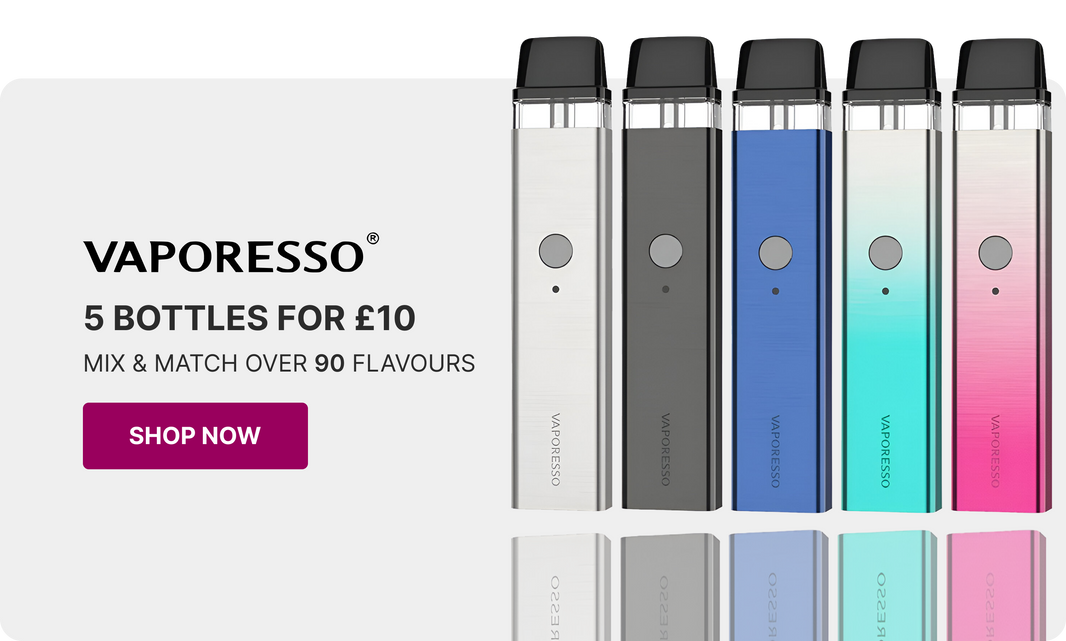 Five Vaporresso bottles vailable for purchase at an online vape store in the UK