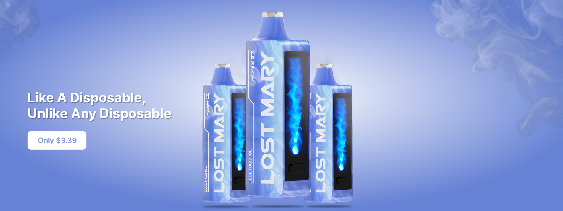 Three blue Vapes featuring "Lost Mary," representing a UK online vape store