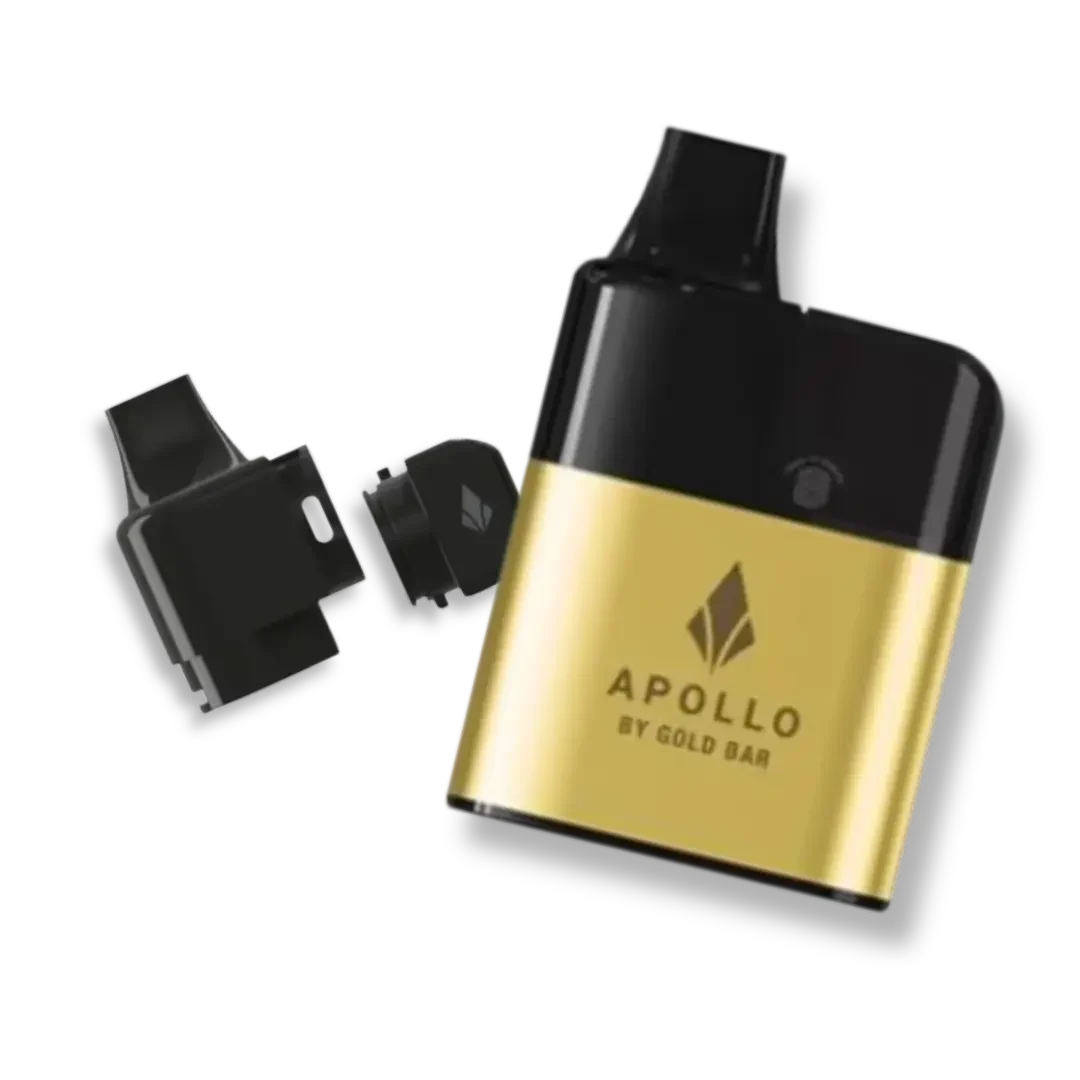 Gold Bar Apollo 20K vape kit with refill pods and e-liquid containers arranged together showing the full Apollo range across multiple flavours