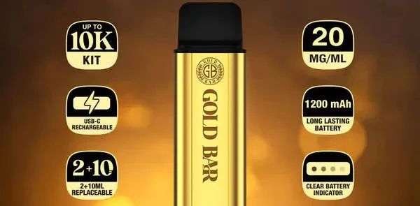 Gold Bar XL 10K prefilled pod kit infographic showing 1200mAh battery, dual mesh coil, 10,000 puffs, 2ml pod plus 10ml auto-refill container and USB-C charging