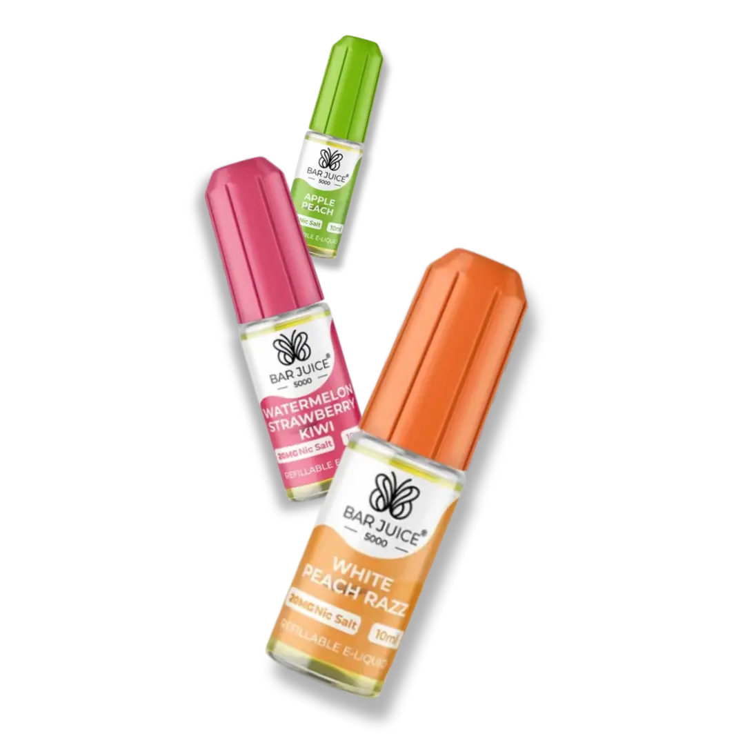Bar Juice 5000 nicotine salt e-liquid range banner showing multiple flavour bottles from the bar-salt category designed to mirror disposable vape flavours in 10ml form