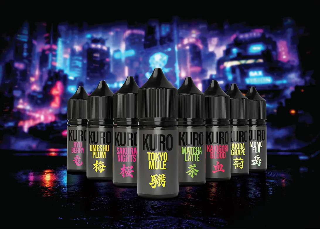 Riot Squad Kuro shortfill e-liquid range showing 100ml bottles with dark berry and ice flavour profiles for sub-ohm direct-to-lung vaping