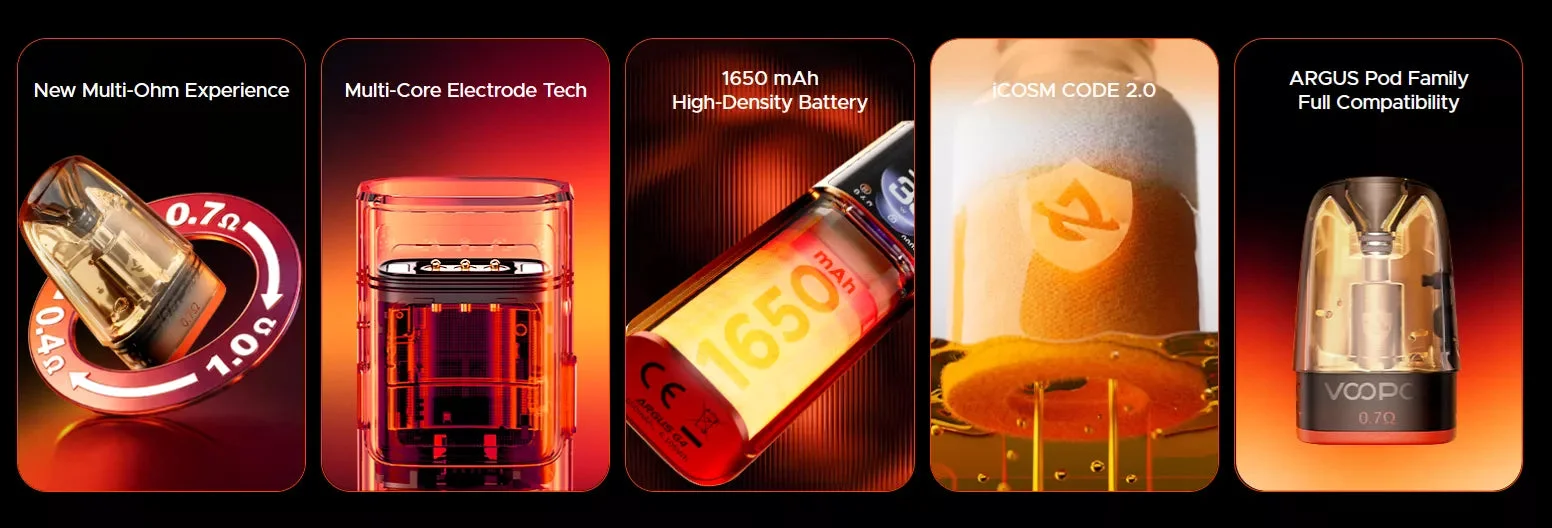 Voopoo Argus G4 feature highlights including multi-ohm experience, battery life and iCOSM technology on a dark red background